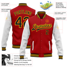 Load image into Gallery viewer, Custom Red Black-Gold Bomber Full-Snap Varsity Letterman Two Tone Jacket
