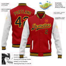 Charger l&#39;image dans la galerie, Custom Red Black-Gold Bomber Full-Snap Varsity Letterman Two Tone Jacket
