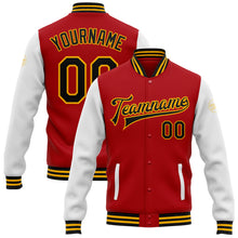 Charger l&#39;image dans la galerie, Custom Red Black-Gold Bomber Full-Snap Varsity Letterman Two Tone Jacket
