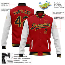 Load image into Gallery viewer, Custom Red Black-Old Gold Bomber Full-Snap Varsity Letterman Two Tone Jacket
