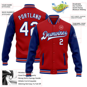 Custom Red White-Royal Bomber Full-Snap Varsity Letterman Two Tone Jacket