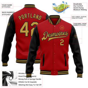 Custom Red Old Gold-Black Bomber Full-Snap Varsity Letterman Two Tone Jacket