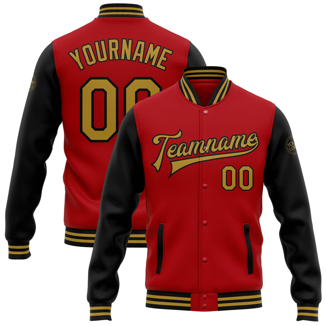 Custom Red Old Gold-Black Bomber Full-Snap Varsity Letterman Two Tone Jacket