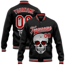 Charger l&#39;image dans la galerie, Custom Black Red-White Skull With Roses 3D Bomber Full-Snap Varsity Letterman Jacket
