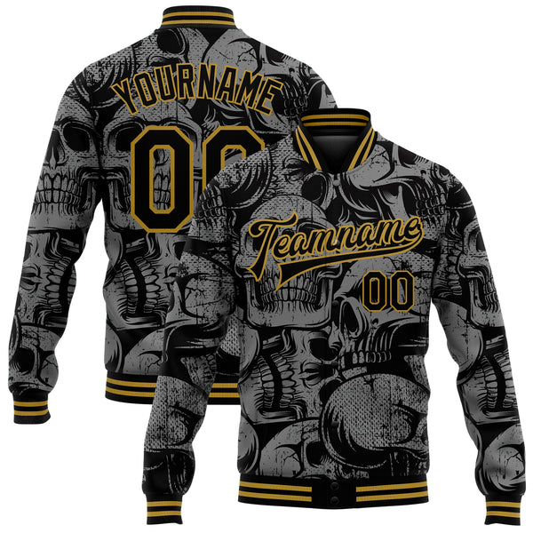 Cheap Custom Black Old Gold Skull Fashion 3D Bomber Full Snap Varsity Letterman Jacket Free Shipping CustomJerseysPro