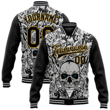 Загрузить изображение в средство просмотра галереи, Custom Gray Black-Old Gold Skull With Feather 3D Bomber Full-Snap Varsity Letterman Two Tone Jacket
