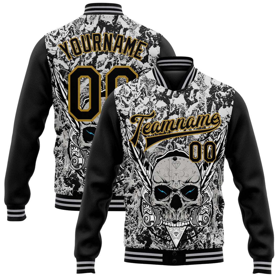 Custom Gray Black-Old Gold Skull With Feather 3D Bomber Full-Snap Varsity Letterman Two Tone Jacket