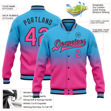 Laden Sie das Bild in den Galerie-Viewer, Custom Sky Blue Pink-Black Bomber Full-Snap Varsity Letterman Fade Fashion Jacket
