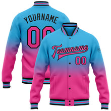 Laden Sie das Bild in den Galerie-Viewer, Custom Sky Blue Pink-Black Bomber Full-Snap Varsity Letterman Fade Fashion Jacket
