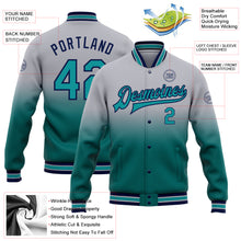 Laden Sie das Bild in den Galerie-Viewer, Custom Gray Teal-Navy Bomber Full-Snap Varsity Letterman Fade Fashion Jacket
