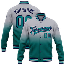 Laden Sie das Bild in den Galerie-Viewer, Custom Gray Teal-Navy Bomber Full-Snap Varsity Letterman Fade Fashion Jacket
