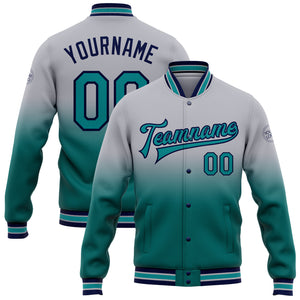 Custom Gray Teal-Navy Bomber Full-Snap Varsity Letterman Fade Fashion Jacket