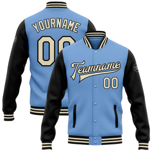 Custom Light Blue Cream-Black Bomber Full-Snap Varsity Letterman Two Tone Jacket