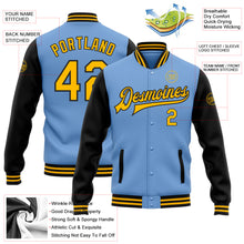 Laden Sie das Bild in den Galerie-Viewer, Custom Light Blue Gold-Black Bomber Full-Snap Varsity Letterman Two Tone Jacket
