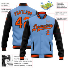 Charger l&#39;image dans la galerie, Custom Light Blue Orange-Black Bomber Full-Snap Varsity Letterman Two Tone Jacket
