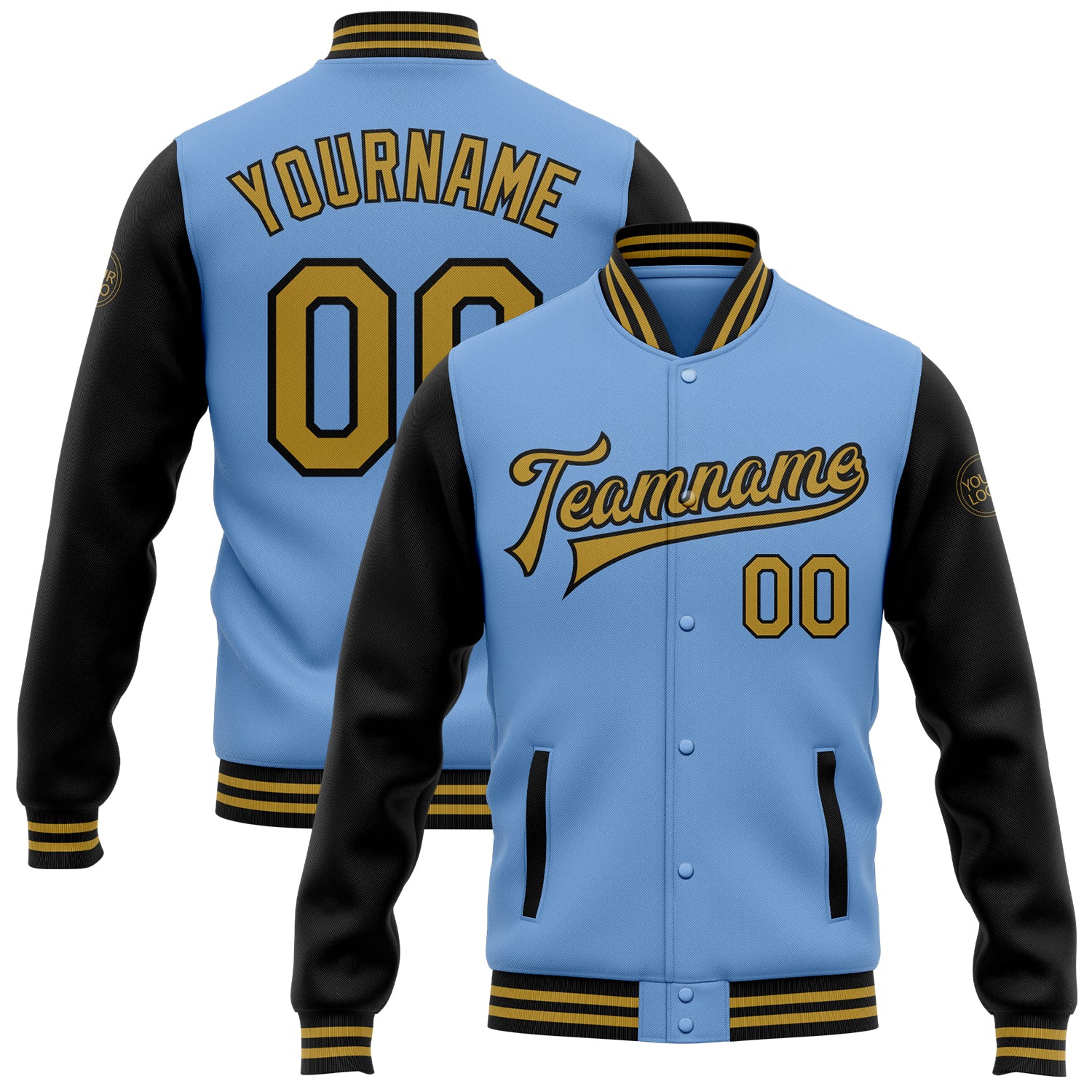 Custom Olive Gold-Black Bomber Full-Snap Varsity Letterman Salute to Service Jacket Men's Size:2XL