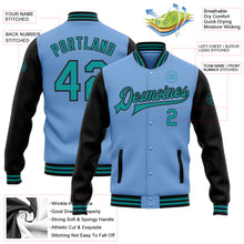 Laden Sie das Bild in den Galerie-Viewer, Custom Light Blue Teal-Black Bomber Full-Snap Varsity Letterman Two Tone Jacket
