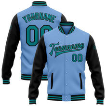 Charger l&#39;image dans la galerie, Custom Light Blue Teal-Black Bomber Full-Snap Varsity Letterman Two Tone Jacket
