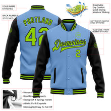 Load image into Gallery viewer, Custom Light Blue Neon Green-Black Bomber Full-Snap Varsity Letterman Two Tone Jacket
