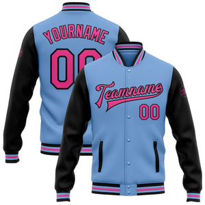 Custom Light Blue Pink-Black Bomber Full-Snap Varsity Letterman Two Tone Jacket