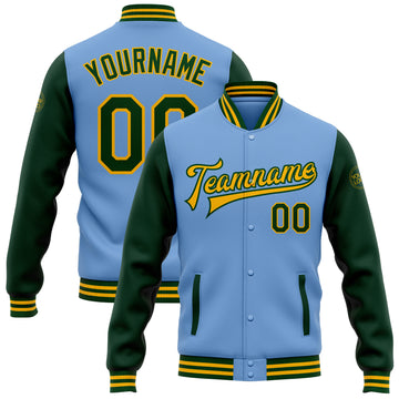 Custom Light Blue Green-Gold Bomber Full-Snap Varsity Letterman Two Tone Jacket