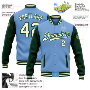 Custom Light Blue Cream-Green Bomber Full-Snap Varsity Letterman Two Tone Jacket