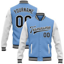 Load image into Gallery viewer, Custom Light Blue Black-White Bomber Full-Snap Varsity Letterman Two Tone Jacket
