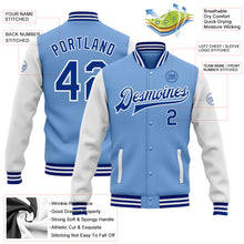 Charger l&#39;image dans la galerie, Custom Light Blue Royal-White Bomber Full-Snap Varsity Letterman Two Tone Jacket
