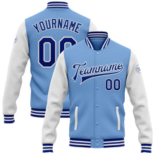 Charger l&#39;image dans la galerie, Custom Light Blue Royal-White Bomber Full-Snap Varsity Letterman Two Tone Jacket
