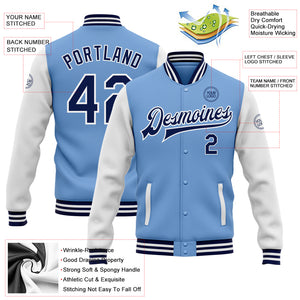 Custom Light Blue Navy-White Bomber Full-Snap Varsity Letterman Two Tone Jacket