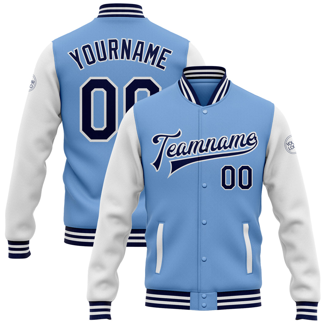 Custom Light Blue Navy-White Bomber Full-Snap Varsity Letterman Two Tone Jacket