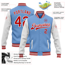 Charger l&#39;image dans la galerie, Custom Light Blue Red-White Bomber Full-Snap Varsity Letterman Two Tone Jacket
