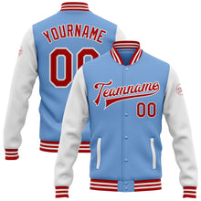 Charger l&#39;image dans la galerie, Custom Light Blue Red-White Bomber Full-Snap Varsity Letterman Two Tone Jacket
