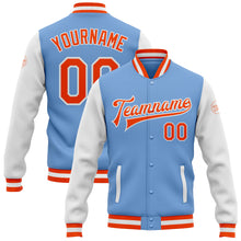 Загрузить изображение в средство просмотра галереи, Custom Light Blue Orange-White Bomber Full-Snap Varsity Letterman Two Tone Jacket
