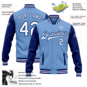 Custom Light Blue White-Royal Bomber Full-Snap Varsity Letterman Two Tone Jacket