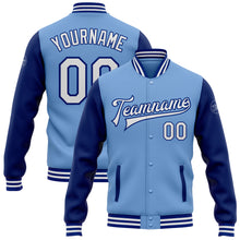 Charger l&#39;image dans la galerie, Custom Light Blue White-Royal Bomber Full-Snap Varsity Letterman Two Tone Jacket
