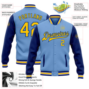 Custom Light Blue Yellow-Royal Bomber Full-Snap Varsity Letterman Two Tone Jacket