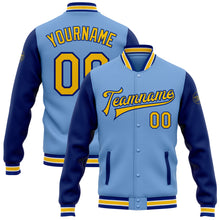 Charger l&#39;image dans la galerie, Custom Light Blue Yellow-Royal Bomber Full-Snap Varsity Letterman Two Tone Jacket
