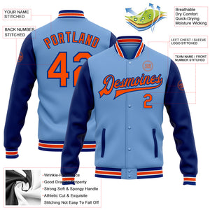 Custom Light Blue Orange-Royal Bomber Full-Snap Varsity Letterman Two Tone Jacket