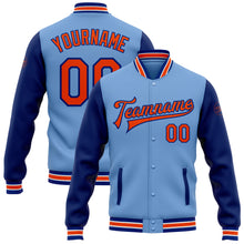 Загрузить изображение в средство просмотра галереи, Custom Light Blue Orange-Royal Bomber Full-Snap Varsity Letterman Two Tone Jacket
