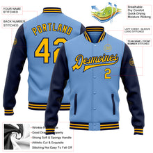 Charger l&#39;image dans la galerie, Custom Light Blue Gold-Navy Bomber Full-Snap Varsity Letterman Two Tone Jacket
