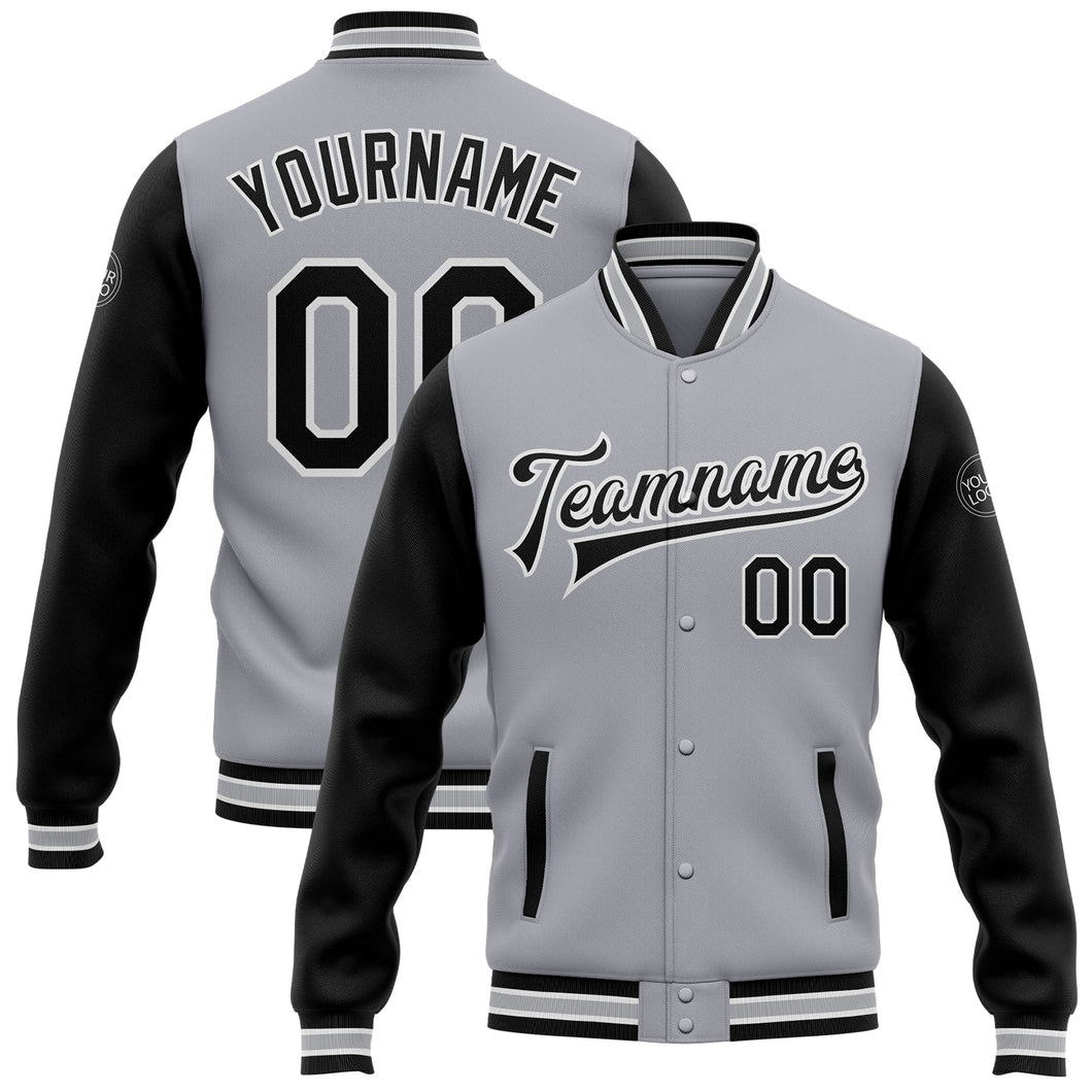 Custom Gray Black-White Bomber Full-Snap Varsity Letterman Two Tone Jacket