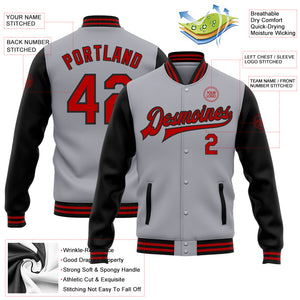 Custom Gray Red-Black Bomber Full-Snap Varsity Letterman Two Tone Jacket