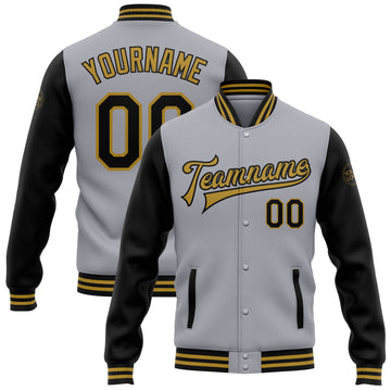 Custom Gray Black-Old Gold Bomber Full-Snap Varsity Letterman Two Tone Jacket