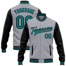 Load image into Gallery viewer, Custom Gray Teal-Black Bomber Full-Snap Varsity Letterman Two Tone Jacket
