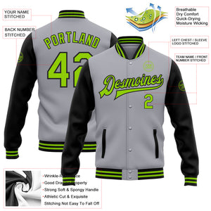 Custom Gray Neon Green-Black Bomber Full-Snap Varsity Letterman Two Tone Jacket