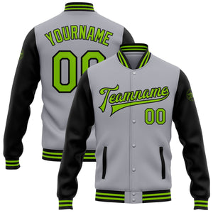 Custom Gray Neon Green-Black Bomber Full-Snap Varsity Letterman Two Tone Jacket