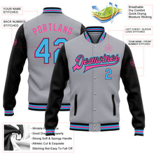 Charger l&#39;image dans la galerie, Custom Gray Sky Blue Black-Pink Bomber Full-Snap Varsity Letterman Two Tone Jacket
