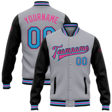 Laden Sie das Bild in den Galerie-Viewer, Custom Gray Sky Blue Black-Pink Bomber Full-Snap Varsity Letterman Two Tone Jacket
