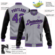 Load image into Gallery viewer, Custom Gray Purple-Black Bomber Full-Snap Varsity Letterman Two Tone Jacket
